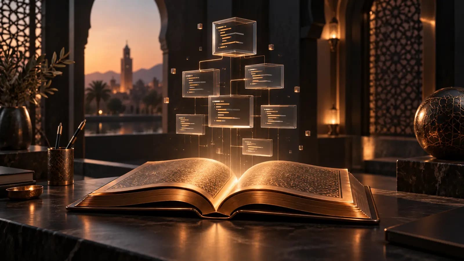 Un livre cuivré ouvert fait émerger une architecture de code, illustration de l'apprentissage pratique de Claude Code.