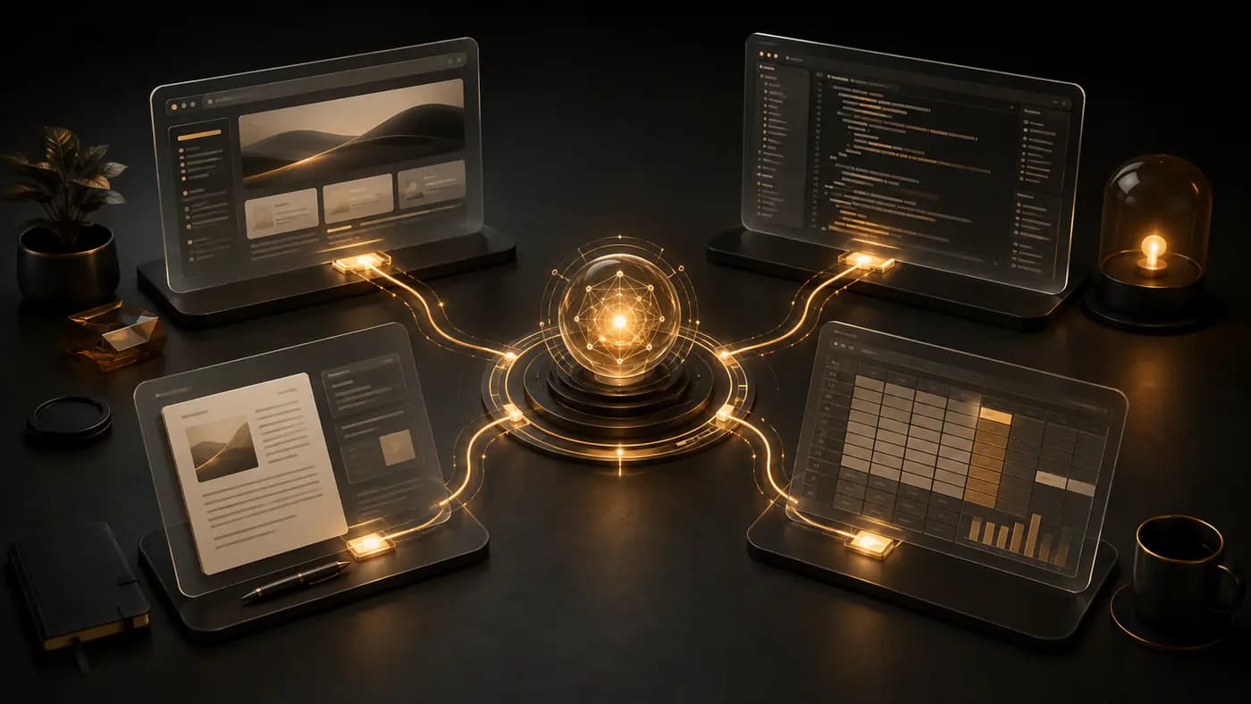 Assistant GPT-6 Astra coordonnant un navigateur, du code, un document et un tableur.