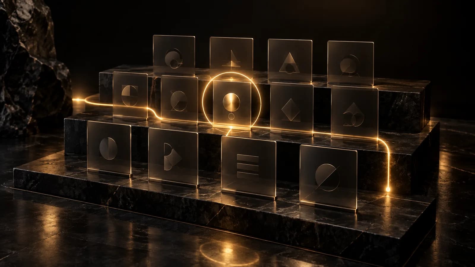 Illustration conceptuelle d'un pipeline commercial : des fiches translucides organisées sur des paliers, reliées par un ruban lumineux.