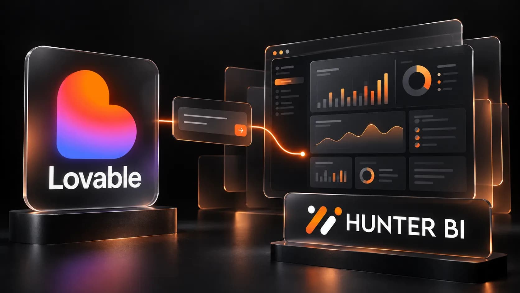 Illustration des logos Lovable et Hunter BI reliés à une interface d’application web par des lignes lumineuses orange.
