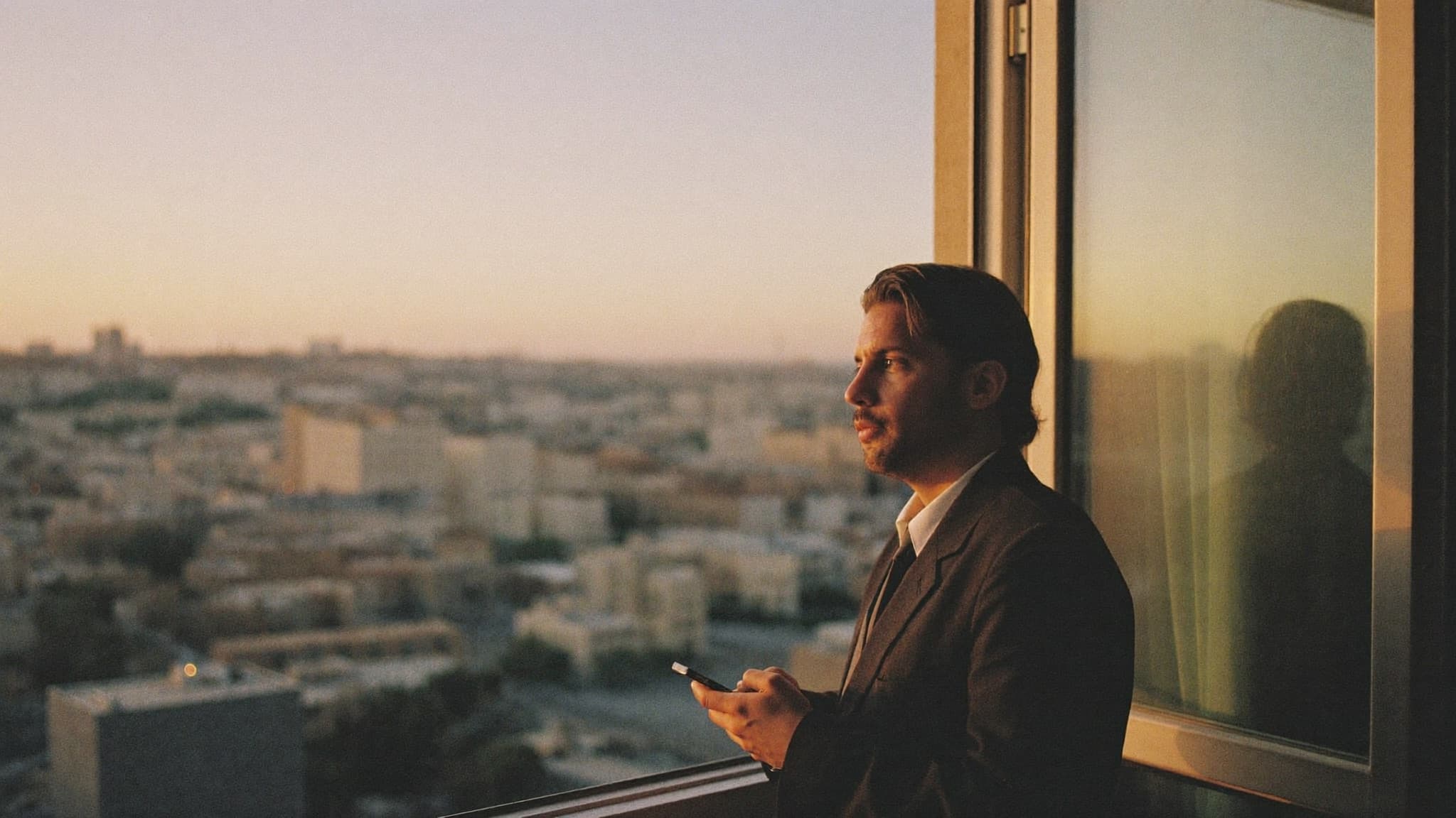 Professionnel marocain consultant son téléphone au crépuscule, à la croisée de la recherche et de l'IA
