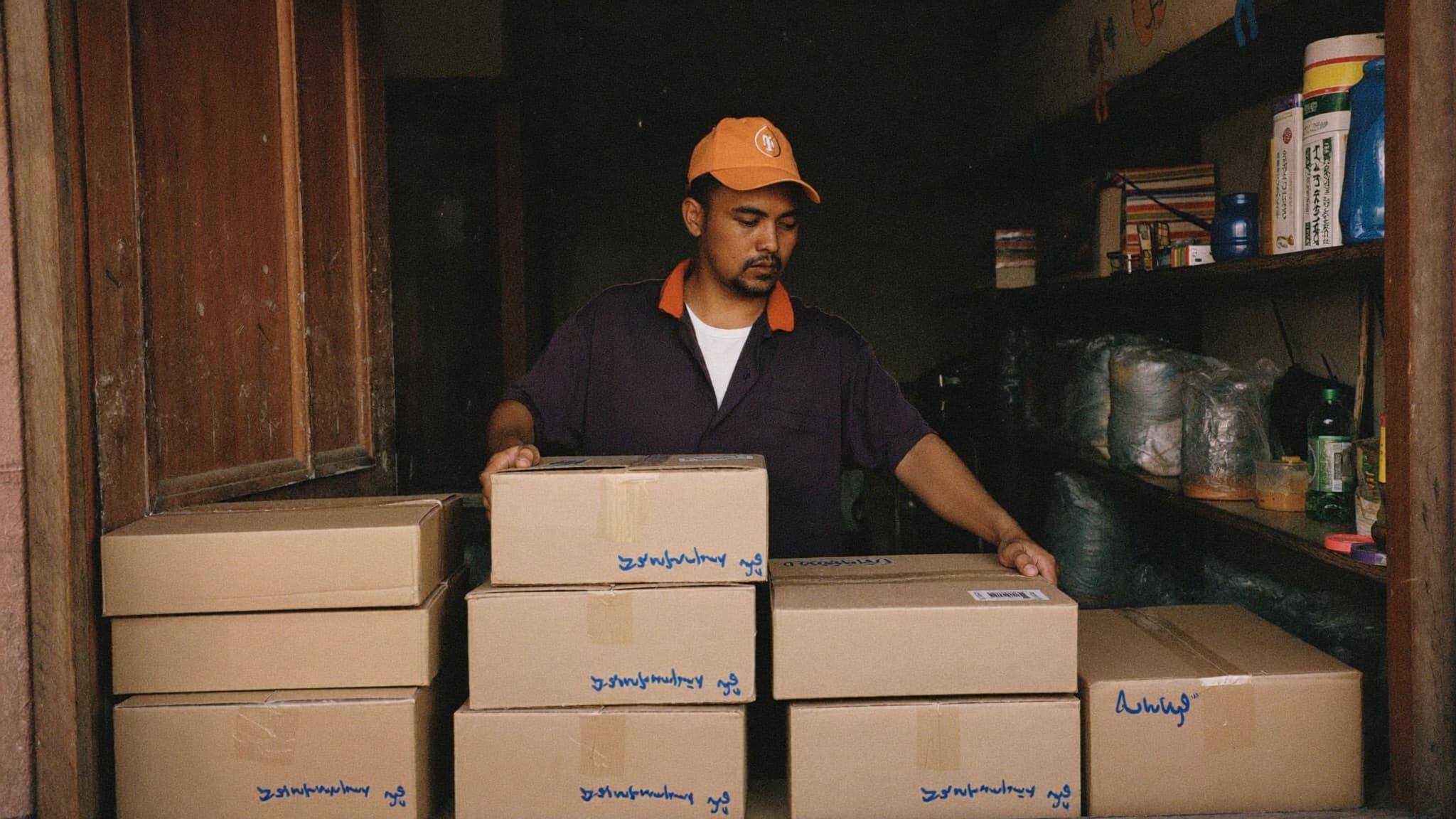 Commerçant marocain préparant des colis e-commerce tout en gérant ses commandes sur WhatsApp