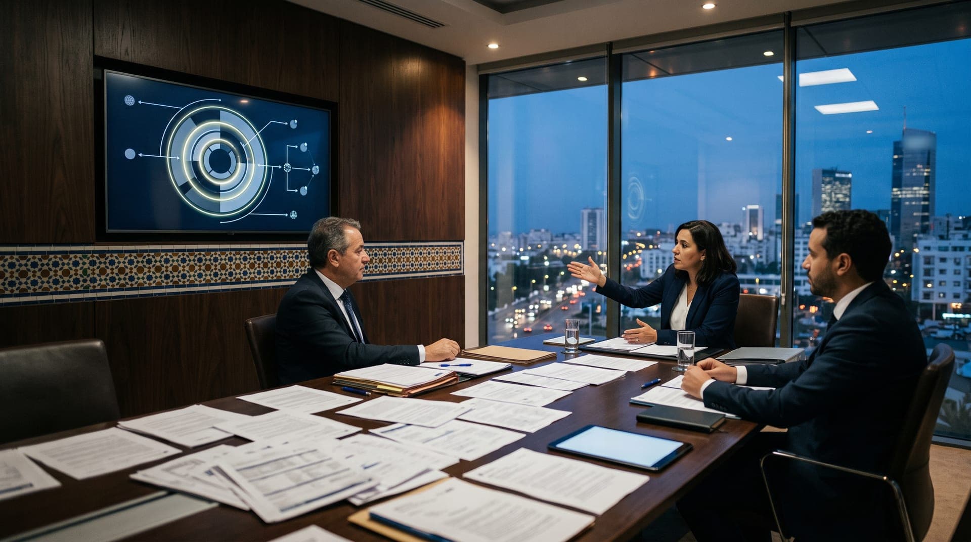 Réunion de conformité dans une banque à Casablanca — cadre de gouvernance d'un déploiement Claude Enterprise
