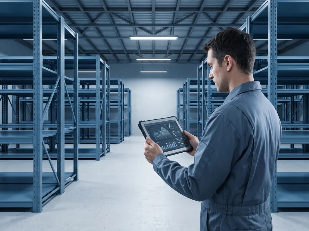 Opérateur consultant une tablette technique dans un atelier logistique, connecteur MCP GMAO GPAO