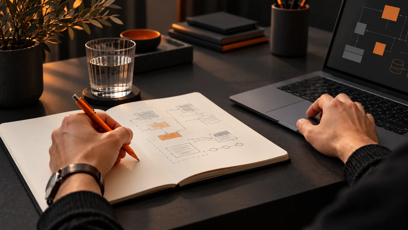 Illustrative study scene showing a person working on an architecture diagram with a notebook and laptop