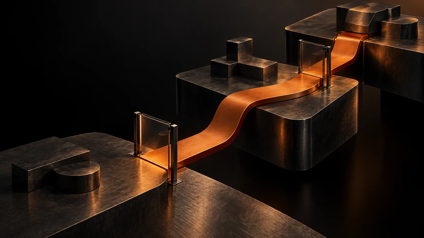 An orange bridge connects separate architectural layers through controlled gateways, illustrating governed AI integration