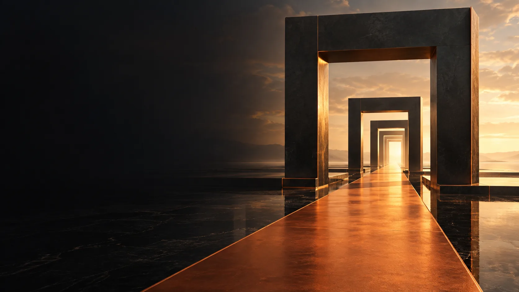 An orange pathway extends through a sequence of dark architectural frames, illustrating a staged enterprise AI rollout