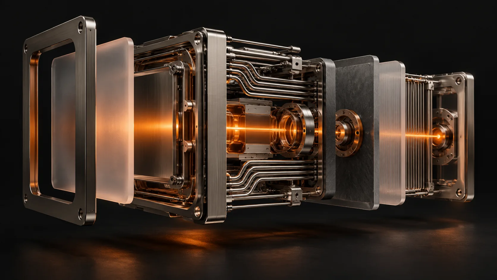 Illustration en vue éclatée de modules connectés autour d’un cœur orange, métaphore de la construction d’une intégration IA