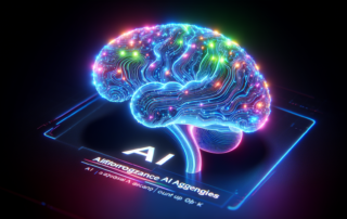 futuristic AI holographic brain with neon lights, illustrating advanced AI technologies used by agencies in Morocco, ultra realistic, highly detailed, 8k quality, photorealistic
