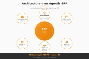 Architecture d'un Agentic ERP avec 6 agents IA autour du coeur ERP